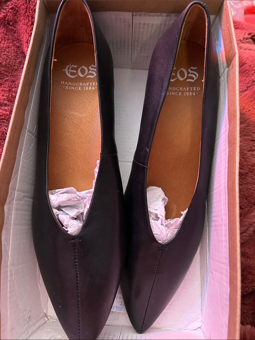 eos Black Pointed V‑Cut Leather Flats